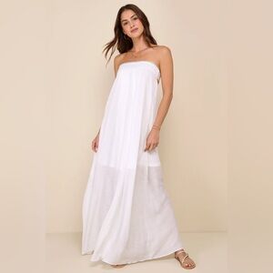 Adoring Sunshine White Crochet Tie-Back Strapless Maxi Dress